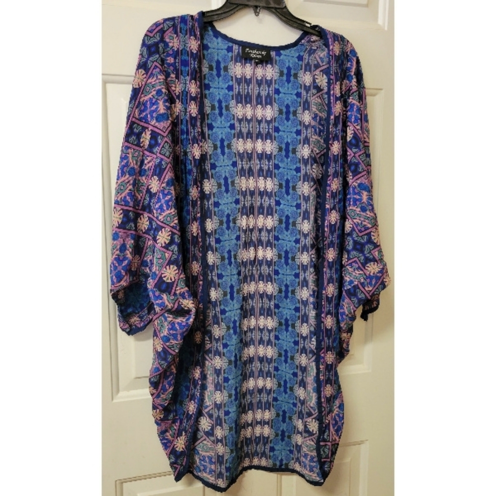 Feathers By Tolani Boho Floral Geometric Kimono Duster Jacket  Blue Green One Sz